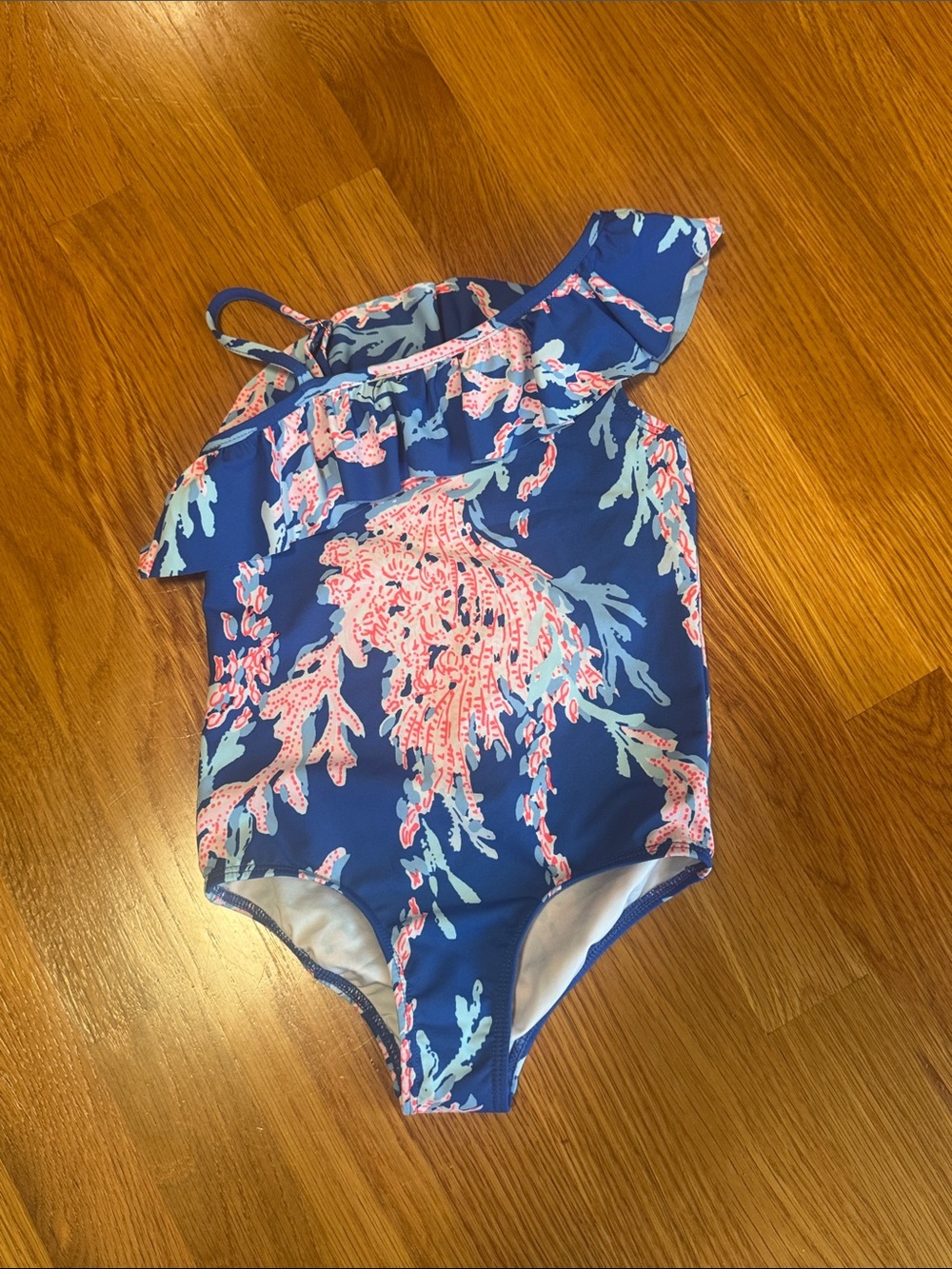 Lilly Pulitzer Girls One-Shoulder Navy Coral Print Swimsuit